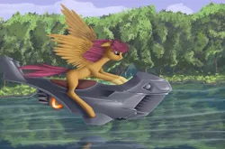 Size: 4970x3284 | Tagged: dead source, safe, artist:f13proxima, derpibooru import, scootaloo, pony, drunk, forest, hoverbike, solo, tree, water
