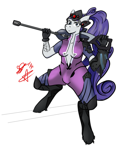 Size: 1238x1344 | Tagged: anthro, artist:redstar, breasts, derpibooru import, overwatch, ponytail, rarimaker, rarity, suggestive, widowmaker