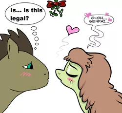 Size: 1024x950 | Tagged: artist:catfood-mcfly, ask fury belle, blushing, derpibooru import, female, heart, imminent kissing, male, mistletoe, oc, oc:checked privilege, oc:theotakux, safe, shipping, straight, unofficial characters only