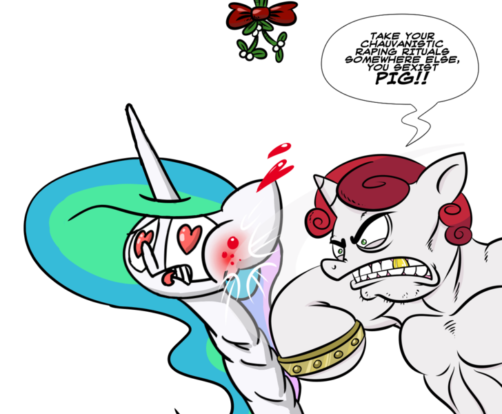 Size: 1152x950 | Tagged: abuse, artist:catfood-mcfly, ask fury belle, blood, brass knuckles, celestiabuse, derpibooru import, fury belle, heart eyes, mistletoe, princess celestia, punch, safe, shipping, sweetie belle, sweetielestia, wingding eyes