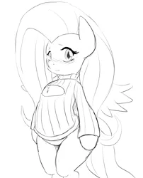 Size: 1943x2400 | Tagged: suggestive, artist:vulapa, derpibooru import, fluttershy, pony, bipedal, boob window, bottomless, chest fluff, clothes, cute, female, keyhole turtleneck, monochrome, open-chest sweater, partial nudity, sketch, solo, solo female, sweater, sweatershy, turtleneck, wide hips