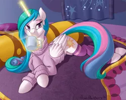 Size: 895x714 | Tagged: safe, artist:brianblackberry, derpibooru import, princess celestia, alicorn, pony, bed, bedroom eyes, bottomless, clothes, cup, drink, drinking, eyeshadow, female, glowing horn, looking at you, magic, mare, partial nudity, socks, solo, sweater