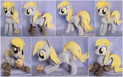 Size: 2002x1260 | Tagged: safe, artist:buttercupbabyppg, derpibooru import, derpy hooves, pegasus, pony, clothes, female, irl, mare, mouth hold, muffin, photo, plushie, prone, sitting, socks, solo