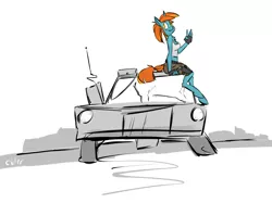 Size: 1280x956 | Tagged: anthro, anthro oc, artist:cider, car, clothes, derpibooru import, fallout equestria, freckles, gun, oc, oc:swift note, ponytail, safe, shorts, tanktop, unguligrade anthro, unofficial characters only, vehicle, waving