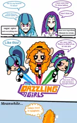 Size: 720x1139 | Tagged: safe, artist:miracle32, derpibooru import, adagio dazzle, aria blaze, sonata dusk, equestria girls, rainbow rocks, comic, engrish, the dazzlings, the powerpuff girls