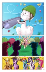 Size: 1393x2167 | Tagged: safe, artist:saturdaymorningproj, derpibooru import, angel bunny, applejack, fluttershy, gummy, opalescence, owlowiscious, pinkie pie, rainbow dash, rarity, tank, twilight sparkle, winona, earth pony, pegasus, pony, unicorn, angelic flutterboom, clothes, comic, cowboy hat, dangerous mission outfit, eyes closed, female, hat, mane six, mare, stetson