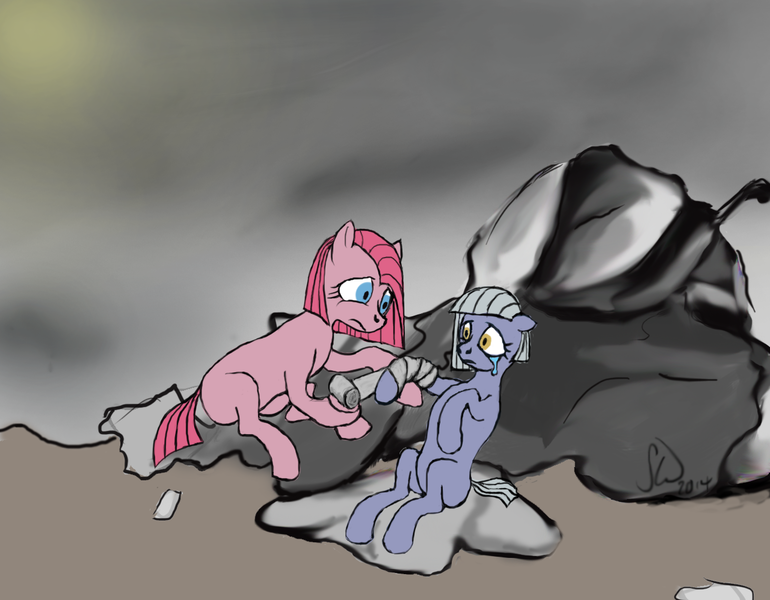 Size: 1280x998 | Tagged: artist:scorchedwing, bandage, derpibooru import, injured, limestone pie, pinkamena diane pie, pinkie pie, safe