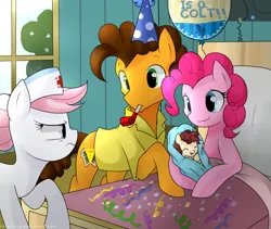 Size: 1040x877 | Tagged: safe, artist:hikariviny, derpibooru import, cheese sandwich, nurse redheart, pinkie pie, oc, pony, annoyed, baby, baby pony, balloon, bed, blanket, cheesepie, clothes, colt, confetti, confused, cute, daaaaaaaaaaaw, diacheeses, diapinkes, female, foal, glare, grumpy, hat, hilarious in hindsight, hnnng, hospital, male, mare, newborn, nose wrinkle, offspring, parent:cheese sandwich, parent:pinkie pie, parents:cheesepie, party hat, party horn, pillow, scrunchy face, shipping, shirt, smiling, son, straight, tree, unamused, wavy mouth, window