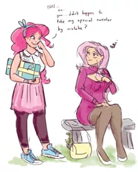 Size: 803x1000 | Tagged: safe, artist:king-kakapo, derpibooru import, fluttershy, pinkie pie, human, bag, bench, blushing, boob window, cleavage, clothes, converse, embarrassed, female, humanized, keyhole turtleneck, laughing, leggings, open-chest sweater, pantyhose, present, shirt, sketch, skirt, sneakers, sweater, sweatershy, turtleneck