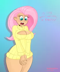 Size: 4833x5800 | Tagged: absurd resolution, artist:scobionicle99, blushing, bottomless, breasts, busty fluttershy, cleavage, clothes, covering, derpibooru import, embarrassed, embarrassed nude exposure, female, fluttershy, human, humanized, keyhole turtleneck, nudity, open-chest sweater, partial nudity, solo, suggestive, sweater, sweatershy, turtleneck