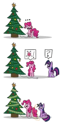 Size: 1000x2000 | Tagged: safe, artist:ronyb, derpibooru import, pinkie pie, twilight sparkle, earth pony, pony, unicorn, christmas tree, comic, mundane utility, plug, simple background, transparent background, tree, troll science, unicorn twilight