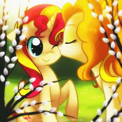 Size: 2222x2222 | Tagged: safe, artist:jacky-bunny, derpibooru import, adagio dazzle, sunset shimmer, ponified, pony, unicorn, equestria girls, rainbow rocks, adoragio, cute, equestria girls ponified, female, kissy face, lesbian, shimmerbetes, shipping, sunsagio