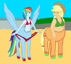 Size: 1286x1157 | Tagged: suggestive, artist:oneovertwo, derpibooru import, applejack, rainbow dash, centaur, taur, equestria girls, breasts, centaurdash, centaurjack, fat, pegataur, ponytaur