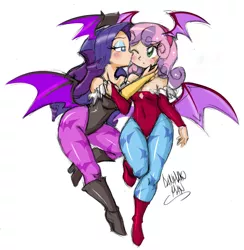 Size: 1199x1231 | Tagged: artist:danmakuman, breasts, cosplay, darkstalkers, derpibooru import, female, females only, human, humanized, kissing, kiss on the cheek, lilith aensland, morrigan aensland, older, rarity, succubus, suggestive, sweetie belle