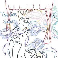 Size: 800x800 | Tagged: artist:wryte, bed, bed hair, bed mane, crown, derpibooru import, drapes, lineart, morning, newbie artist training grounds, princess celestia, princess luna, safe, sleep mask, stretching, text, yawn