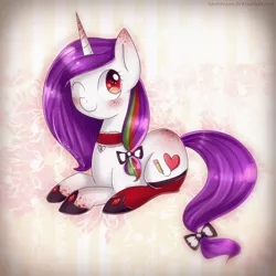 Size: 850x850 | Tagged: safe, artist:nao-shii, derpibooru import, oc, oc:reverie, unofficial characters only, pony, unicorn, blushing, bow, clothes, cute, heart, one eye closed, prone, red eyes, shoes, solo, stockings, wink