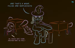 Size: 855x550 | Tagged: safe, artist:quint-t-w, derpibooru import, trixie, twilight sparkle, twilight sparkle (alicorn), alicorn, pony, box, box sawing trick, dialogue, female, gradient background, half, magic, magic trick, mare, modular, saw