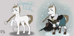 Size: 2811x1367 | Tagged: armor, artist:thethunderpony, blonde, boots, braid, cape, clothes, derpibooru import, oc, oc:gunnhildr falk, safe, scar, snow, snowfall, solo, unofficial characters only, warlord