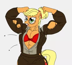 Size: 3500x3179 | Tagged: alternate hairstyle, anthro, applejack, applejacked, artist:advanceddefense, artist:natter45, bra, breasts, buff breasts, businessmare, business suit, button popping, clothes, derpibooru import, flexing, glasses, hair bun, missing freckles, muscles, popped button, solo, suggestive, torn clothes, underwear, wardrobe malfunction