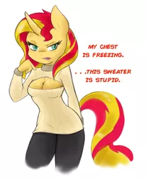 Size: 1280x1551 | Tagged: anthro, artist:ambris, blushing, boob window, breasts, busty sunset shimmer, chest fluff, cleavage, clothes, curved horn, derpibooru import, female, frown, keyhole turtleneck, open-chest sweater, solo, suggestive, sunset shimmer, sweater, turtleneck