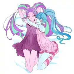 Size: 800x800 | Tagged: safe, artist:pasikon, derpibooru import, aria blaze, sonata dusk, equestria girls, rainbow rocks, arisona, clothes, cuddling, female, lesbian, shipping, sleeveless, snuggling, socks, striped socks