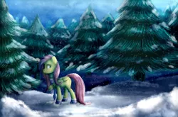 Size: 3000x1981 | Tagged: artist:unilx, clothes, derpibooru import, fluttershy, safe, scarf, snow, snowfall, solo, winter