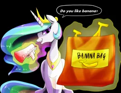 Size: 2598x2007 | Tagged: artist:hosikawa, banana, banana bag, derpibooru import, friendship is magic bitch, megaphone, pixiv, princess celestia, safe, solo