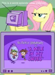 Size: 1146x1562 | Tagged: a mile in my shoes, barely pony related, cosmo, fluttershy, grammar error, meme, mouthpiece, obligatory pony, safe, the fairly oddparents, timmy turner, tv meme