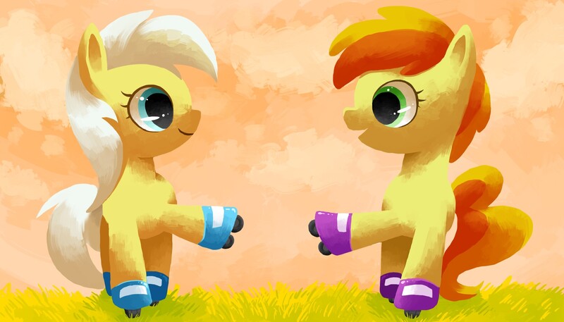 Size: 1750x1000 | Tagged: safe, artist:reuniclus, derpibooru import, peachy pie, sunny daze, pony, duo, female, filly, roller skates