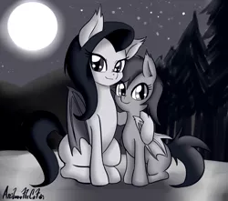 Size: 1922x1700 | Tagged: safe, artist:anibaruthecat, derpibooru import, oc, oc:astral song, oc:moon shadow, unofficial characters only, bat pony, pony, commission, cute, grayscale, monochrome, moon, outdoors