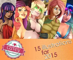 Size: 985x811 | Tagged: suggestive, artist:emlan, artist:eve-ashgrove, artist:kevinsano, artist:lizombie, artist:sundown, artist:vest, derpibooru import, applejack, fluttershy, pinkie pie, twilight sparkle, vinyl scratch, human, breasts, cutey confidential, humanized, timber wolfified, timberjack