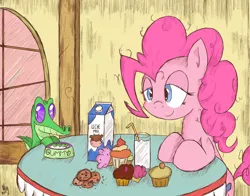 Size: 1400x1100 | Tagged: artist:ollywiicious, breakfast, cookie, cupcake, derpibooru import, food, gummy, milk, muffin, pinkie pie, safe, table