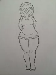 Size: 547x733 | Tagged: artist:zacharyisaacs, clothes, costume, derpibooru import, feet, human, humanized, monochrome, mrs. claus costume, oc, oc:hot fudge, plump, safe, traditional art, unofficial characters only