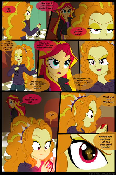 Size: 900x1360 | Tagged: safe, artist:jacky-bunny, derpibooru import, adagio dazzle, sunset shimmer, equestria girls, rainbow rocks, comic, magic of the sirens, pendant, the dazzlings, true form