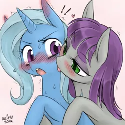 Size: 703x702 | Tagged: suggestive, artist:reavz, artist:transgressors-reworks, color edit, derpibooru import, edit, maud pie, trixie, earth pony, pony, unicorn, blushing, colored, cute, diatrixes, female, heart, kissing, lesbian, licking, mare, mauxie, neck licking, shipping, sweat