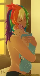 Size: 650x1222 | Tagged: artist:hazurasinner, baby, clothes, cradling, dawwww, derpibooru import, eyes closed, heartwarming, human, humanized, magical lesbian spawn, mother, mother and daughter, oc, oc:windy belle, offspring, parent:fluttershy, parent:rainbow dash, parents:flutterdash, rainbow dash, safe, tasteful nudity, topless