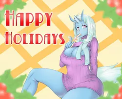 Size: 1280x1043 | Tagged: ambiguous facial structure, anthro, artist:rirouku, big breasts, boob window, breasts, busty trixie, candy cane, cleavage, clothes, derpibooru import, female, huge breasts, keyhole turtleneck, open-chest sweater, scarf, solo, solo female, suggestive, sweater, trixie, turtleneck