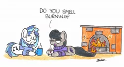 Size: 2033x1094 | Tagged: safe, artist:bobthedalek, derpibooru import, octavia melody, vinyl scratch, earth pony, pony, unicorn, backwards cutie mark, burning, clothes, fire, fireplace, mug, octavia is not amused, oh crap, on fire, sweater, this will end in fire, this will end in tears, traditional art, unamused