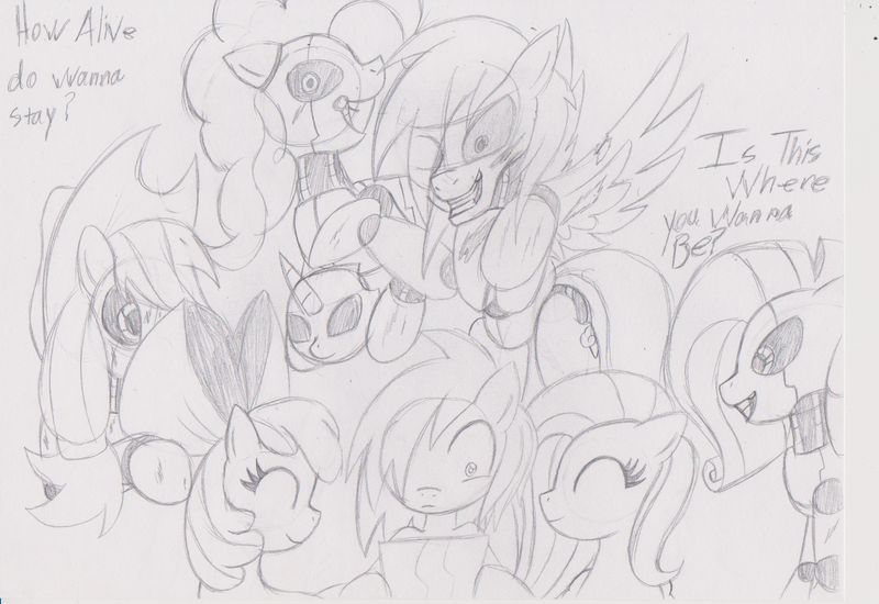 Size: 1715x1180 | Tagged: animatronic, apple bloom, applejack, artist:mytatsur, derpibooru import, five nights at freddy's, fluttershy, monochrome, nightmare fuel, oc, pinkie pie, rainbow dash, rarity, scared, semi-grimdark, sketch, smiling, traditional art, wide eyes, wip