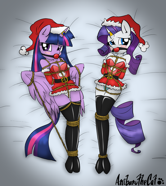 Size: 1700x1908 | Tagged: questionable, artist:anibaruthecat, artist:ponyguy67, derpibooru import, rarity, twilight sparkle, twilight sparkle (alicorn), anthro, arm behind back, ballgag, blue underwear, blushing, bondage, boots, bound wings, box tied, breast bondage, breasts, clothes, crotch rope, dress, embarrassed, female, femsub, gag, hat, horn ring, image, latex, lesbian, magic suppression, on back, panties, png, rarilight, rarisub, santa costume, santa hat, shibari, shipping, skirt, story included, submissive, thigh boots, thigh highs, twisub, underwear, upskirt, white underwear