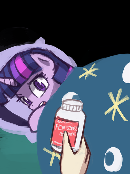 Size: 720x960 | Tagged: artist:lumineko, bed, derpibooru import, disembodied hand, duke nukem, flintstones vitamins, human, medicine, meme, safe, scared, twilight sparkle, vitamins