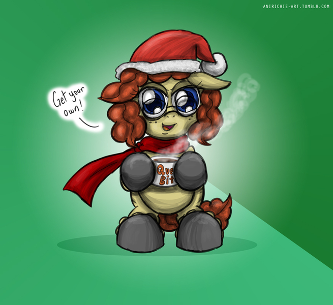 Size: 873x800 | Tagged: artist:ladyanidraws, clothes, derpibooru import, hat, hot chocolate, newbie artist training grounds, oc, oc:penny rich, safe, santa hat, scarf, unofficial characters only