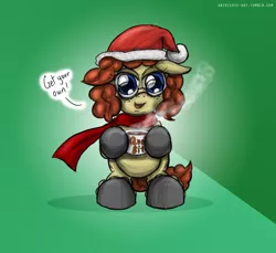 Size: 873x800 | Tagged: artist:ladyanidraws, clothes, derpibooru import, hat, hot chocolate, newbie artist training grounds, oc, oc:penny rich, safe, santa hat, scarf, unofficial characters only