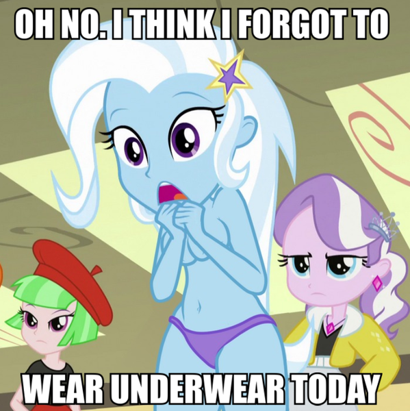 Size: 787x788 | Tagged: questionable, derpibooru import, edit, edited screencap, screencap, diamond tiara, drama letter, trixie, watermelody, equestria girls, background human, breasts, clothes, image macro, meme, partial nudity, partial nudity edit, topless, trixie yells at everything, underwear, underwear edit