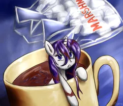 Size: 2200x1900 | Tagged: safe, artist:benjik, derpibooru import, rarity, pony, cup of pony, hot chocolate, marshmallow, micro, newbie artist training grounds, rarity is a marshmallow, rarity is not amused, solo, unamused, wet, wet mane, wet mane rarity