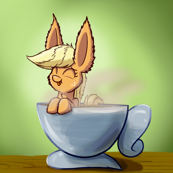 Size: 900x900 | Tagged: safe, artist:heir-of-rick, derpibooru import, applejack, pony, daily apple pony, :p, appletini, cup, cup of pony, cute, ear fluff, eyes closed, fluffy, hatless, hot chocolate, impossibly large ears, micro, missing accessory, smiling, solo, tongue out