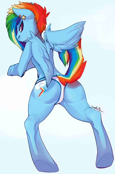 Size: 2329x3505 | Tagged: artist:snofu, clothes, derpibooru import, earring, female, looking back, panties, piercing, plot, rainbow dash, solo, solo female, suggestive, underwear