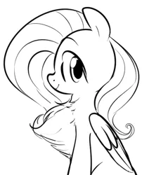 Size: 488x603 | Tagged: safe, artist:dotkwa, derpibooru import, fluttershy, pegasus, pony, black and white, chest fluff, fluffershy, grayscale, impossibly large chest fluff, looking at you, monochrome, solo
