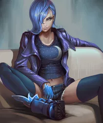 Size: 1600x1894 | Tagged: artist:dantewontdie, bedroom eyes, belly button, boots, breasts, busty princess luna, clothes, couch, dead source, derpibooru import, female, fingerless gloves, gloves, hair over one eye, human, humanized, jacket, midriff, princess luna, s1 luna, shorts, socks, solo, suggestive, thigh highs, top