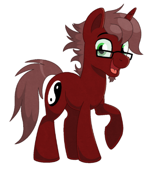 Size: 655x736 | Tagged: safe, artist:thegamblehorse, deleted from derpibooru, derpibooru import, oc, oc:sojourner, unofficial characters only, pony, unicorn, brown mane, glasses, goatee, green eyes, looking at you, raised hoof, red fur, simple background, smiling, solo, transparent background, vector, yin-yang